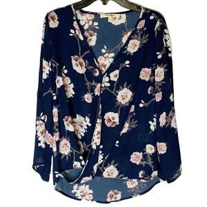 Floral‎ Faux Wrap Navy Blue Women's V-neck Long Sleeve Sheer Flirty Blouse Small
